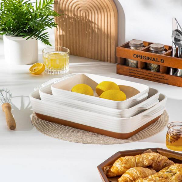 Numhew 3-Piece Rectangular Khaki White Ceramic Casserole Dish Set