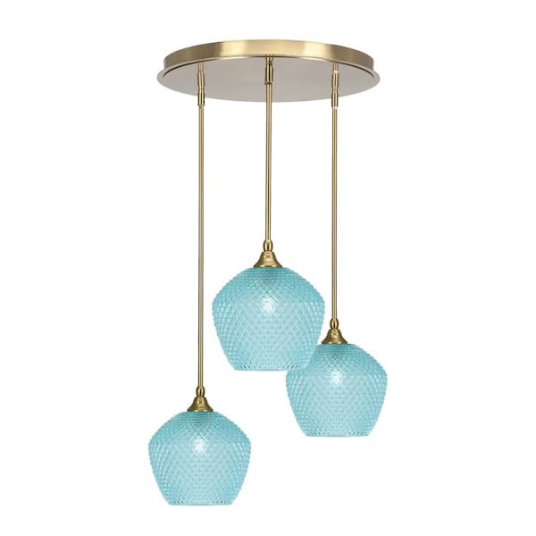 Unbranded Villa 20.25 in. 3-LightNew Age Brass Cluster Pendant Light with 9 in. Turquiose Textured Glass Shades, no bulbs included