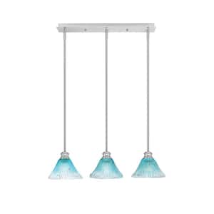 Albany 60-Watt 3-Light Brushed Nickel Linear Pendant Light with Teal Crystal Glass Shades and No Bulbs Included