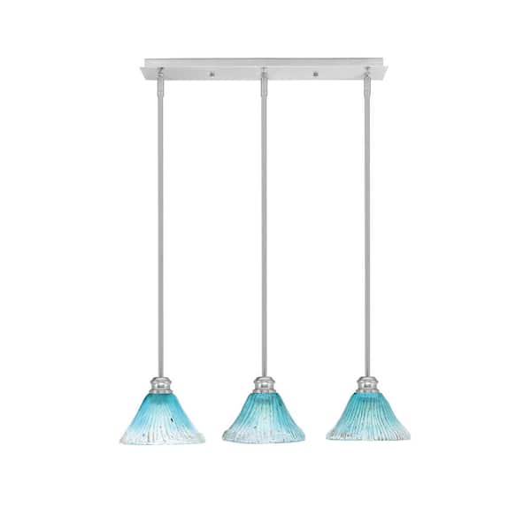 Unbranded Albany 60-Watt 3-Light Brushed Nickel Linear Pendant Light with Teal Crystal Glass Shades and No Bulbs Included