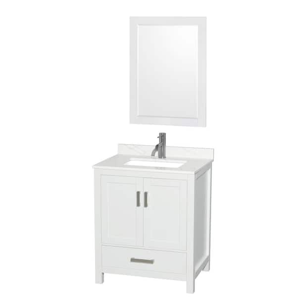 Wyndham Collection Sheffield 30 in. W x 22 in. D x 35 in. H Single Bath Vanity in White with Giotto Quartz Top and 24 in. Mirror