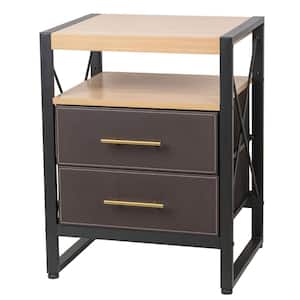 18.9 in. Brown Rectangle MDF End Table with 2-Drawers X-Cross Nightstand Side Table Removable Fabric Bins