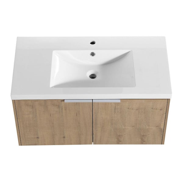 35.4 in. W x 18 in. D x 20 in. H Bath Vanity in Light Oak Solid Wood with White Ceramic Top