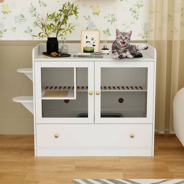 Extra Large Cat Litter Box Furniture Hidden, Cat Condo Pet House with Stairs, Cat Litter House for Living Room, White