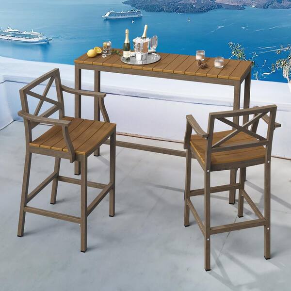 LUE BONA 3 Piece 55" Brown Outdoor Dining Table Set Aluminum Outdoor Bar Set HDPS Top With Bar Chairs for Balcony