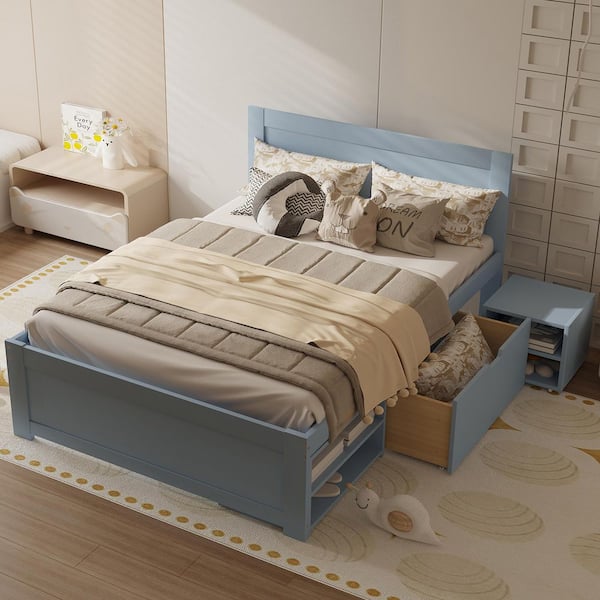 Noble House Pamela Antique Gray Wood Frame Full Size Platform Bed with Drawer, 2-Double Layer Shelves