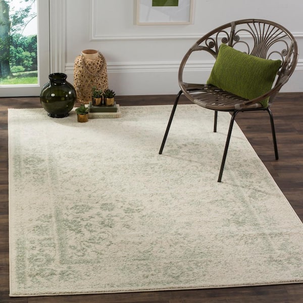 Adirondack 5 ft. x 5 ft. Ivory/Sage Border Distressed Square Area Rug