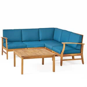 Perla Teak Finish 6-Piece Wood Outdoor Sectional Set with Blue Cushions