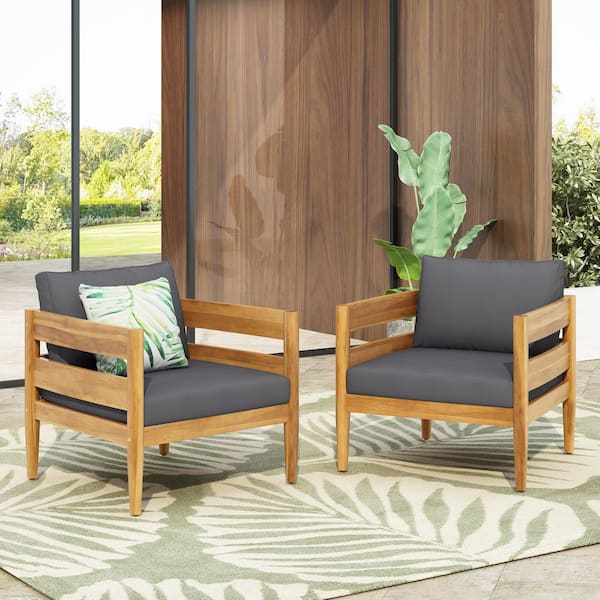 CHRISTOPHER KNIGHT HOME Micah Teak Finish Acacia Wood Patio Outdoor Lounge Chair with Dark Gray Cushions, Slatted Frame, Curved Back, Set of 2