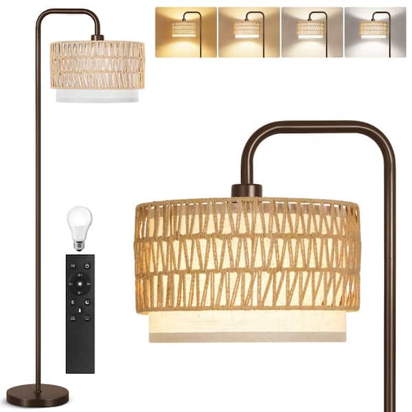 BICIK 68 in. Brown 1-Light Dimmable Standard Floor Lamp with Color Temperature and Woven Rattan Linen Shade for Living Room