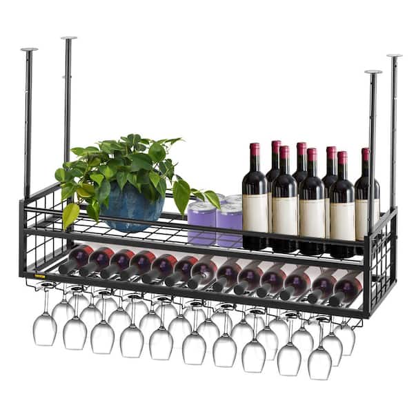 33-Bottle Ceiling Wine Glass Rack 46.9 in. x 11.8 in. Black Hanging Wine  Glass Rack Hanging Wine Rack Cabinet