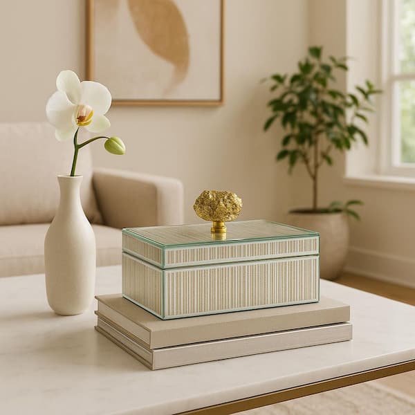 Gold 8 in. x 5 in. Wood and Glass Rectangle Striped Jewelry Decorative Box