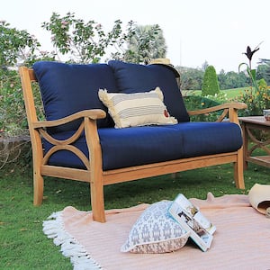 Abbington Teak Wood Outdoor Loveseat with Navy Cushion
