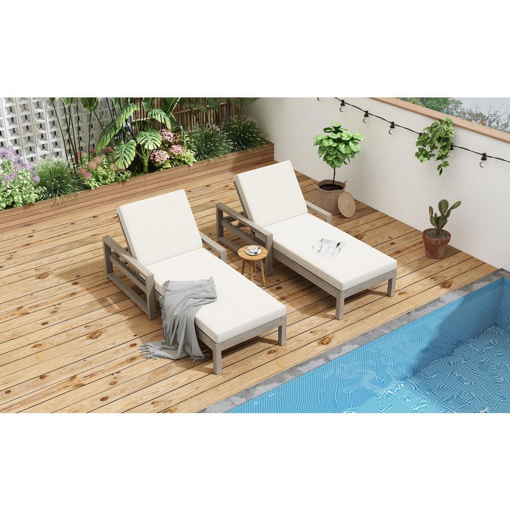 Gray 2-Piece Acacia Wood Outdoor Chaise Lounge Chairs with Beige Cushion, 5