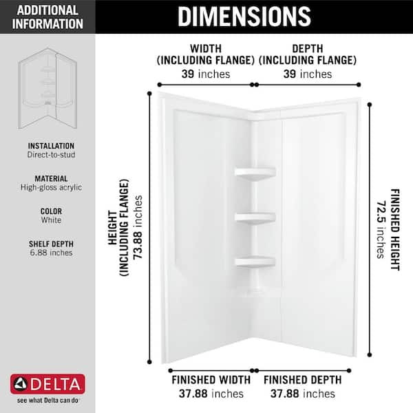 38'' Direct-to-Stud Corner Shower Wall Set in High Gloss White  B67916-3838-WH