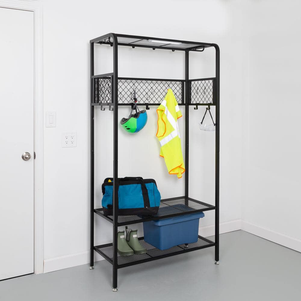 Black Steel 3-Shelf Storage Rack with Hanging Bar and Hooks