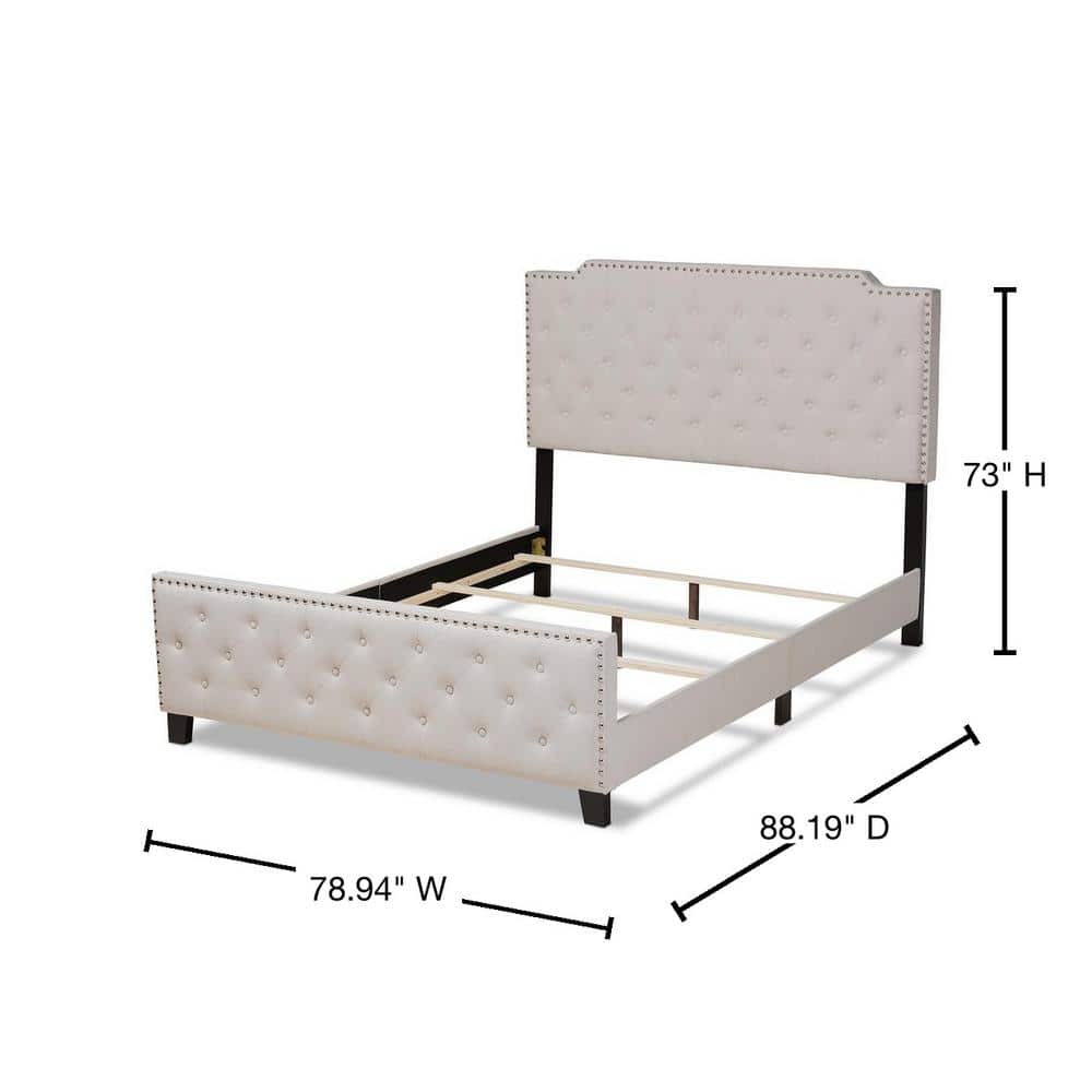 Elegant Beige Linen King Bed with Tufted Headboard and Nailhead Trim
