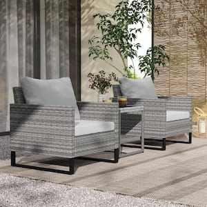 3-Piece Wicker Rectangular Outdoor Bistro Set with 4 Soft Gray Cushions