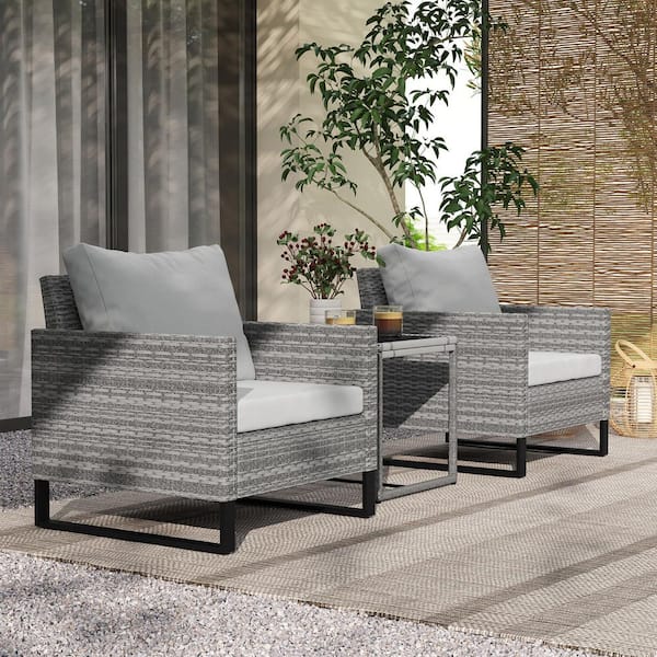 Outsunny 3-Piece Wicker Rectangular Outdoor Bistro Set with 4 Soft Gray Cushions