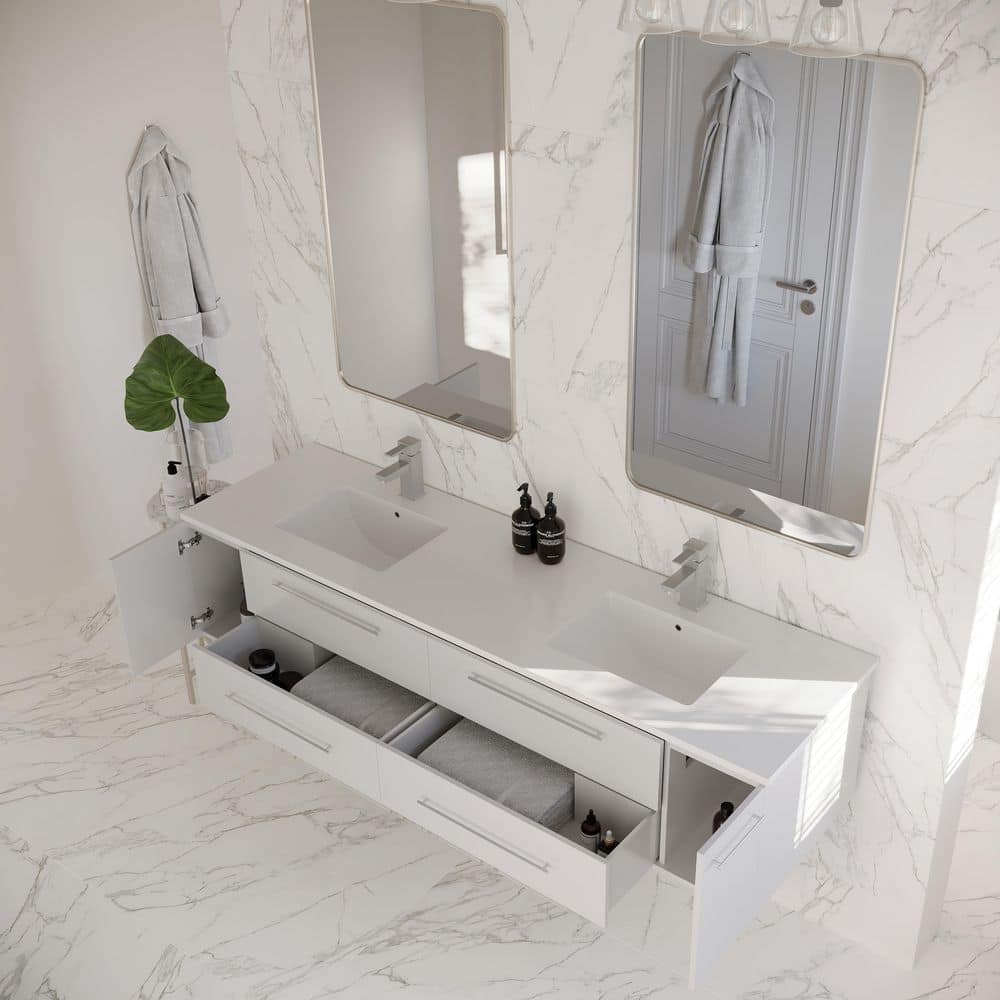 72" White Modern Wall-Mount Double Vanity with Quartz Top