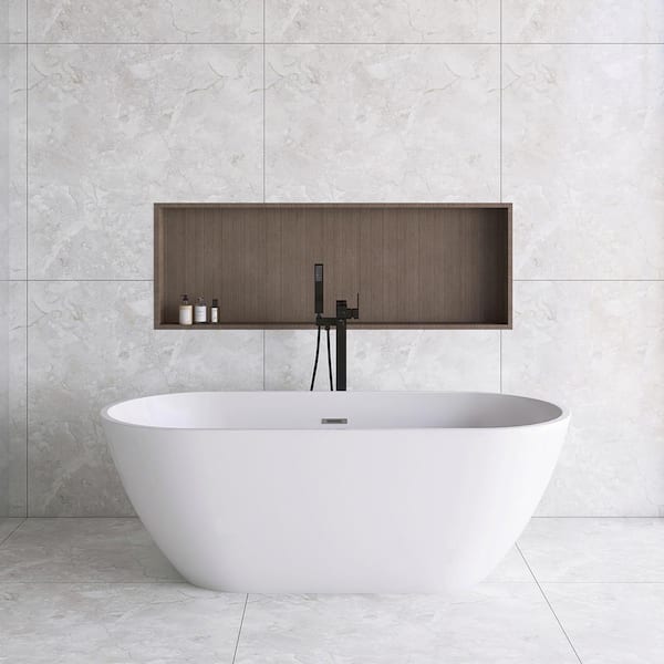 JimsMaison 55 in. W. x 28 in. Acrylic Flatbottom Freestanding Soaking Bathtub in White