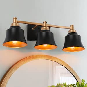 Modern 22 in. 3-Light Painted Black and Gold Bathroom Vanity Light with Bell Metal Shades for Powder Room