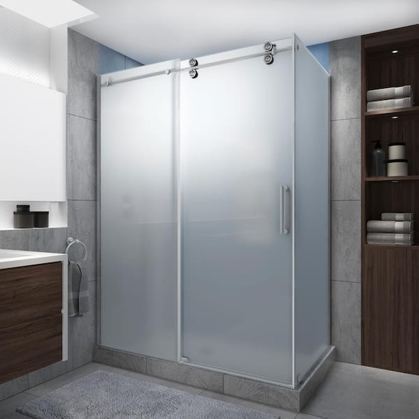 Aston Langham XL 68-72 in. x 38 in. x 80 in. Sliding Frameless Shower Enclosure Ultra-Bright Frosted Glass in Stainless Steel