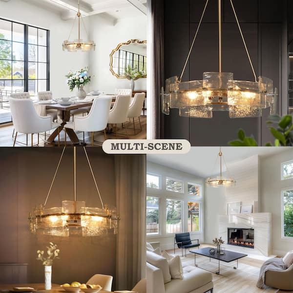 Glacera 6-Light Glass Drum Chandelier with Copper-Tone Finish, Contemporary Pendant Light for Kitchen Island or Entryway