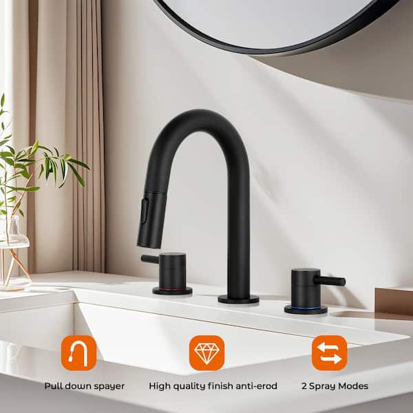8 in. Widespread Bathroom Faucet 3-Hole with Pull Out Sprayer, Bathroom Sink Faucet with Pop-Up Drain in Matte Black