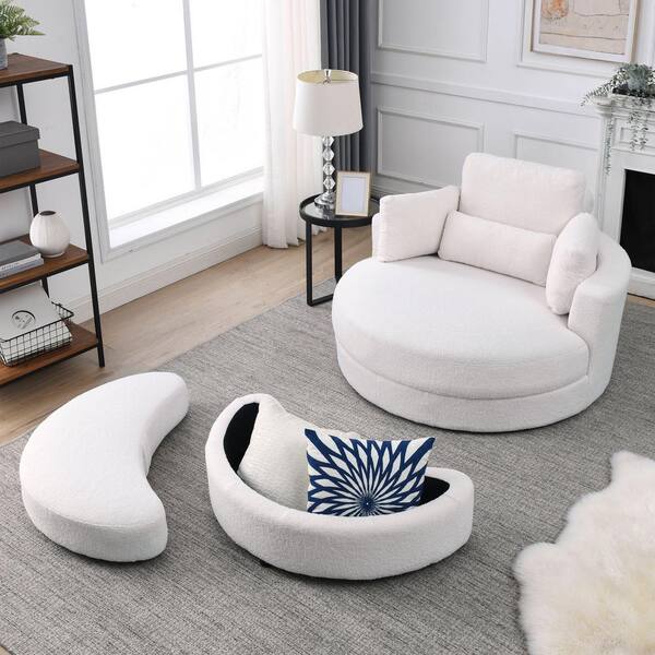 J E Home White Velvet Big Round Swivel Accent Barrel Chair with