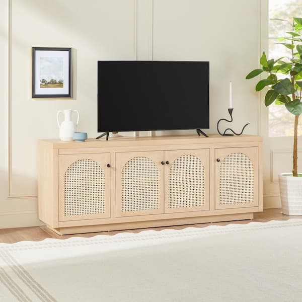 Walker Edison Furniture Company Contemporary 70 in. Coastal Oak TV Stand with 4 Rattan Doors (Max TV size 80 in. )