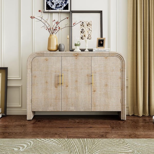 JUJABU Brown MDF 47.2 in. Retro Minimalist Curved Sideboard with Gold Handles and Adjustable Dividers for Living Room