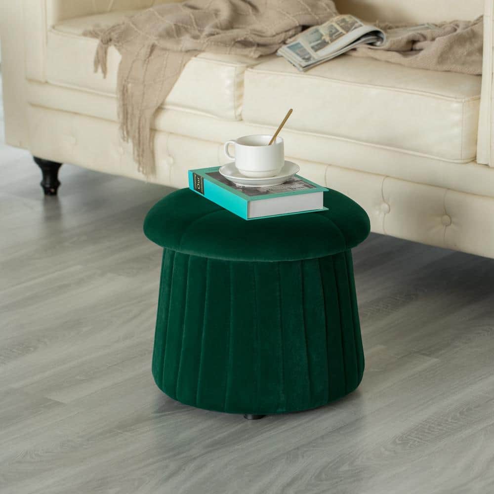 Modern Green Velvet Tufted Round Footstool with Storage