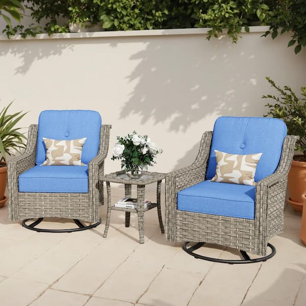 Eureka Grey 3-Piece Wicker Outdoor Patio Conversation Swivel Rocking Chair Seating Set with Blue Cushions
