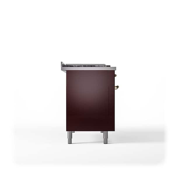 Nostalgie II 48 in. 5-Burner/Frenchtop/Griddle Freestanding Double Oven Dual Fuel Range in Burgundy with Brass