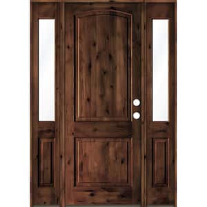 70 in. x 96 in. Rustic Knotty Alder Arch Top Red Mahogany Stained Wood Left Hand Single Prehung Front Door