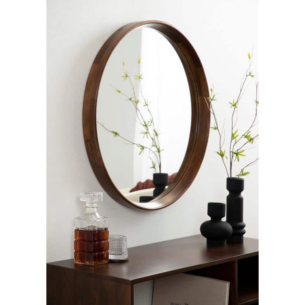 28" Walnut Brown Mango Wood Round Wall Mirror
