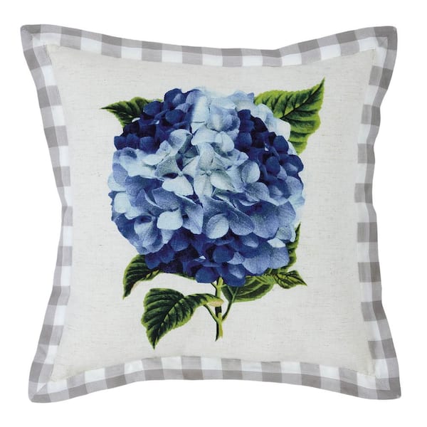 VHC Brands Finders Keepers Soft White, Blue-Grey, Sky Blue Farmhouse Hydrangea 14 in. x 14 in. Throw Pillow