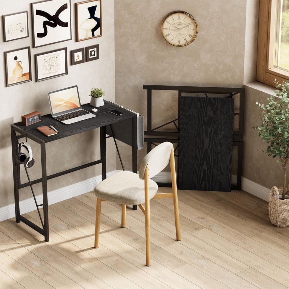 Foldable 31.5 in. Rectangular Black Particleboard and Metal Computer Desk with Storage Bag and Hook
