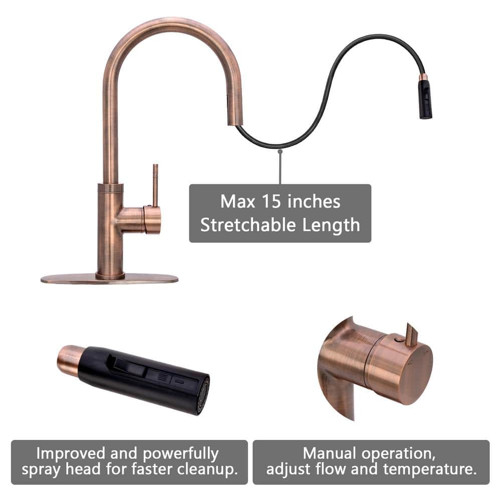 Antique Copper Brass Pull-Down Kitchen Faucet with Single Handle