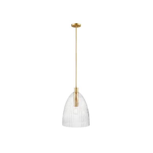 14 in. W x 20 in. H 1-Light Natural Brass Transitional Pendant Light with Clear Pleated Glass Shade
