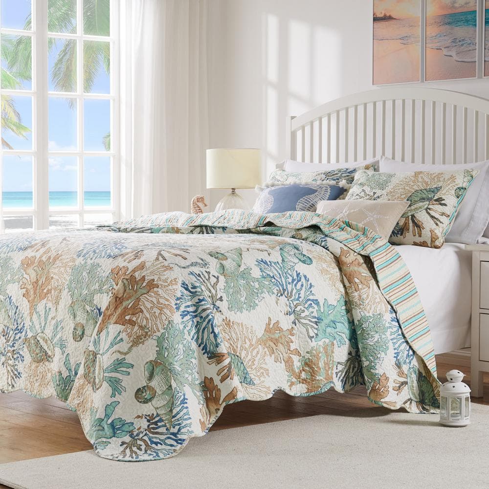 King Size Reversible Nautical Microfiber Quilt Set in Brown and Jade