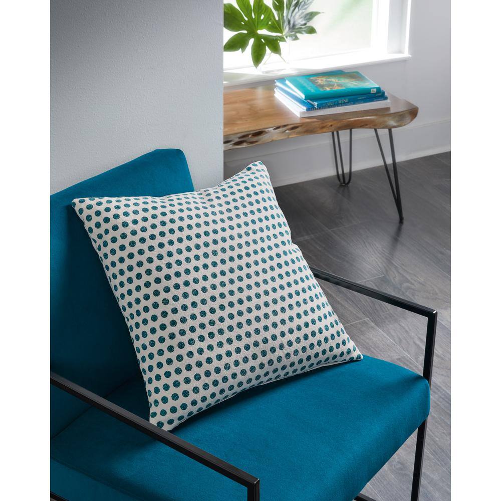 Teal Dotted White Cotton Square Pillow