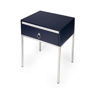 Monika 22 in. Blue/Silver Rectangle Wood End Table with Drawer
