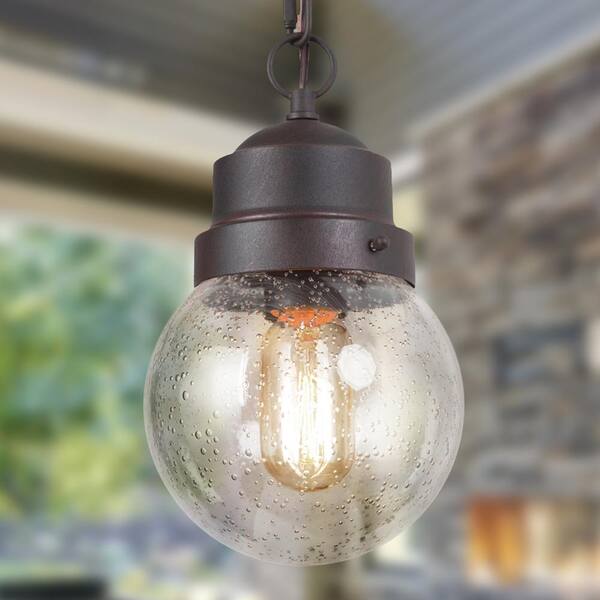 LNC Greet 1-Light Farmhouse Rustic Bronze Outdoor Pendant Hanging Ceiling Light with Seeded Glass Shade