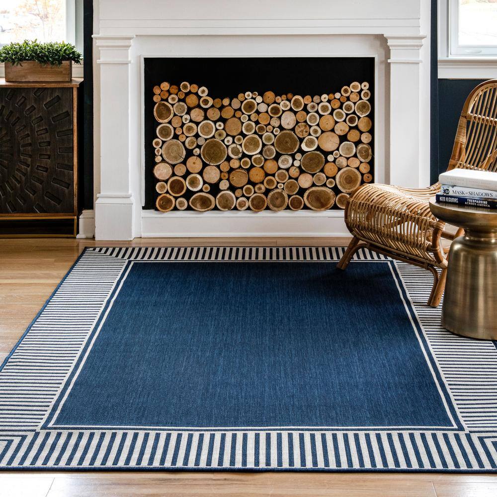 Navy and White Striped Synthetic Indoor/Outdoor Rug