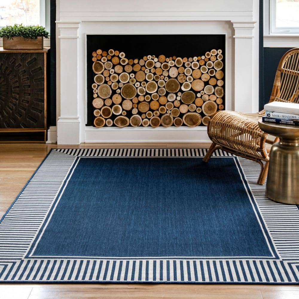 Navy and White Striped Synthetic Indoor/Outdoor Rug