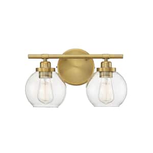 Carson 14 in. W x 8.5 in. H 2-Light Warm Brass Bathroom Vanity Light with Clear Glass Shades