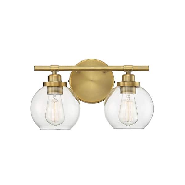 Savoy House Carson 14 in. W x 8.5 in. H 2-Light Warm Brass Bathroom Vanity Light with Clear Glass Shades