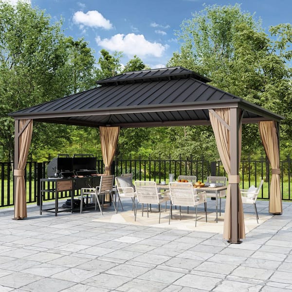12 ft. x 16 ft. Outdoor Patio Aluminum Frame Gazebo with Double Hardtop Steel Roof, Mosquito Net and Curtains